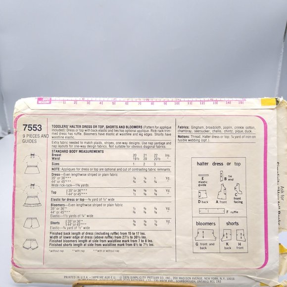 Vintage Sewing PATTERN Simplicity 7553, Girls 1976 Halter Dress or Top Shorts - Picture 2 of 2